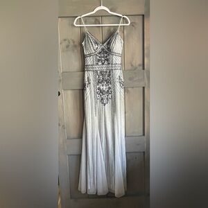 Jump Gray/Dusty Blue Embellished Pleated Maxi Gown